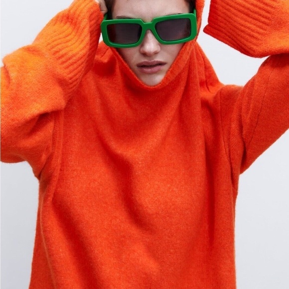 ZARA Oversized Knit Turtleneck Sweater Midi Dress Orange M - Picture 13 of 15